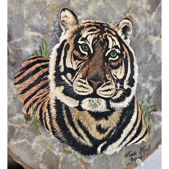 Tiger Rock Stone Art Artist Signed Hand Painted Oval Big Cat Decor Painting Flat - Picture 5 of 9